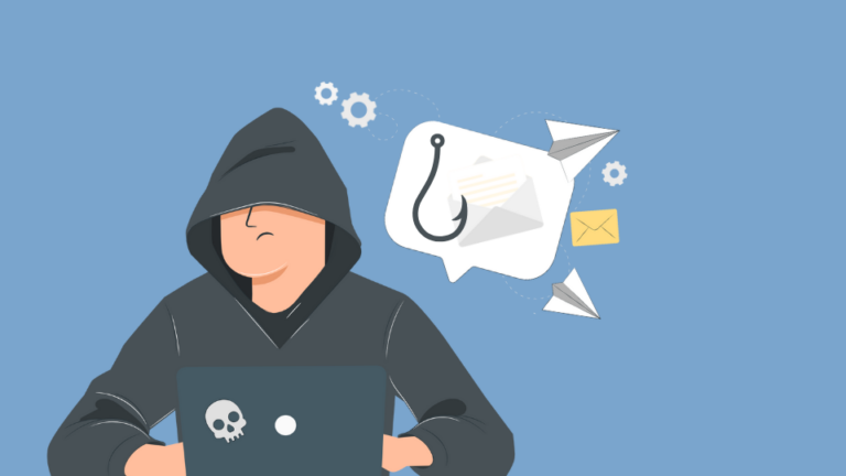 Man in hoodie with phishing mail speech bubble